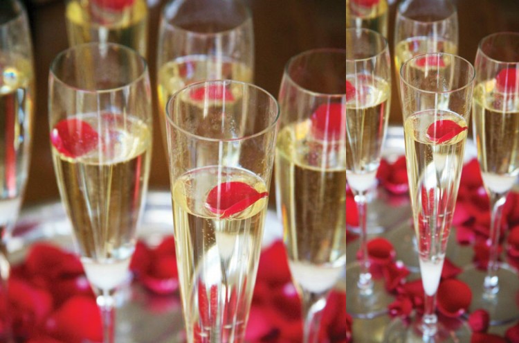 collage champagne valentijn rozenblaadjes