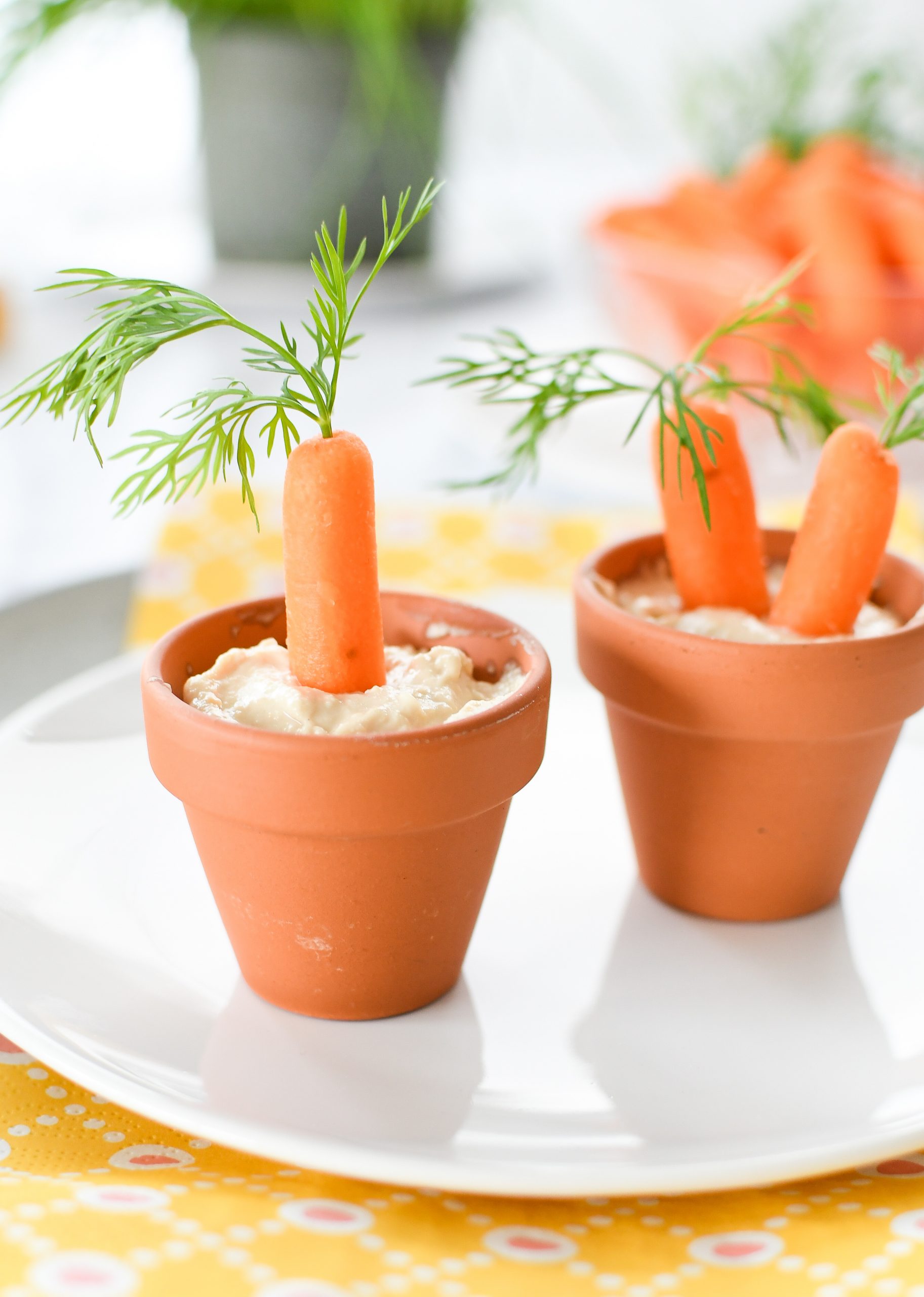 wortels en hummus in terracotta potje - paashapje